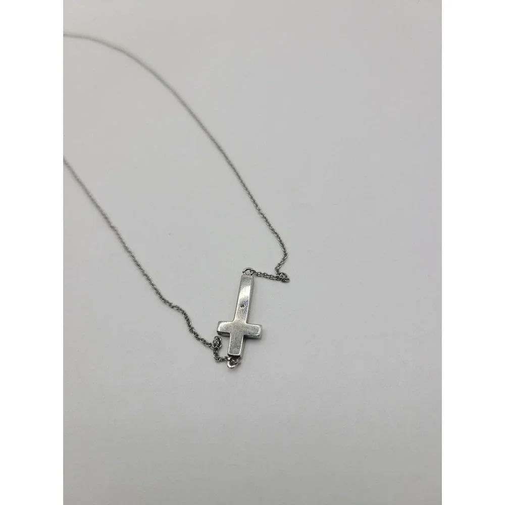 Silver Tone Sideways Cross Necklace Clear Rhinestone Christian Faith Jewelry
